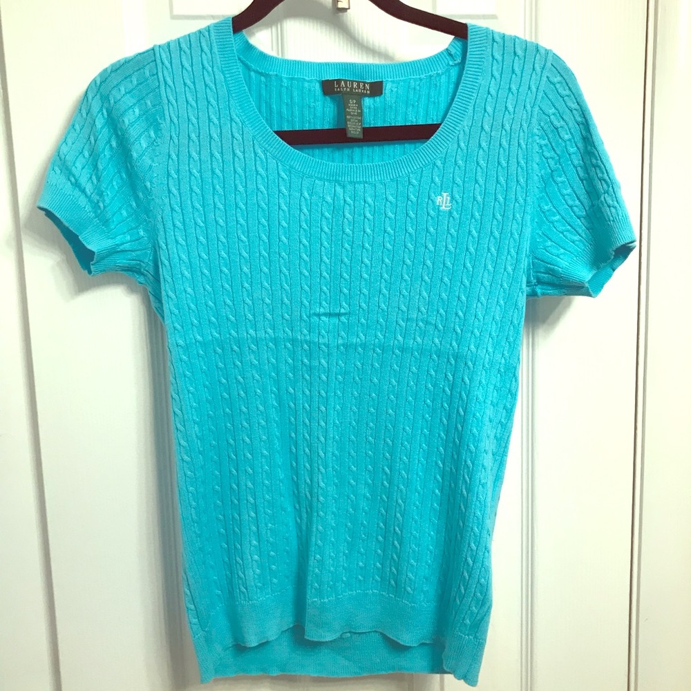 Teal blue Ralph Lauren short sleeve cable sweater